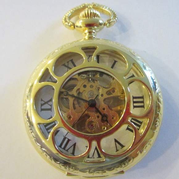 Golden Brass Filigree Geometric Winding Open Concept Pocket Watch Pendant main image 16
